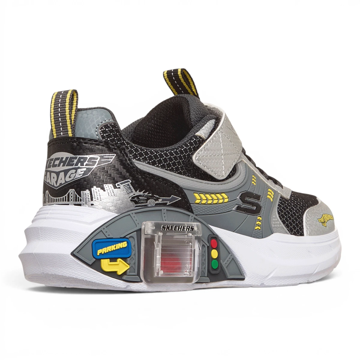 402150L-SLBK Garage srebrne dječje tenisice s motivom automobila – Skechers
