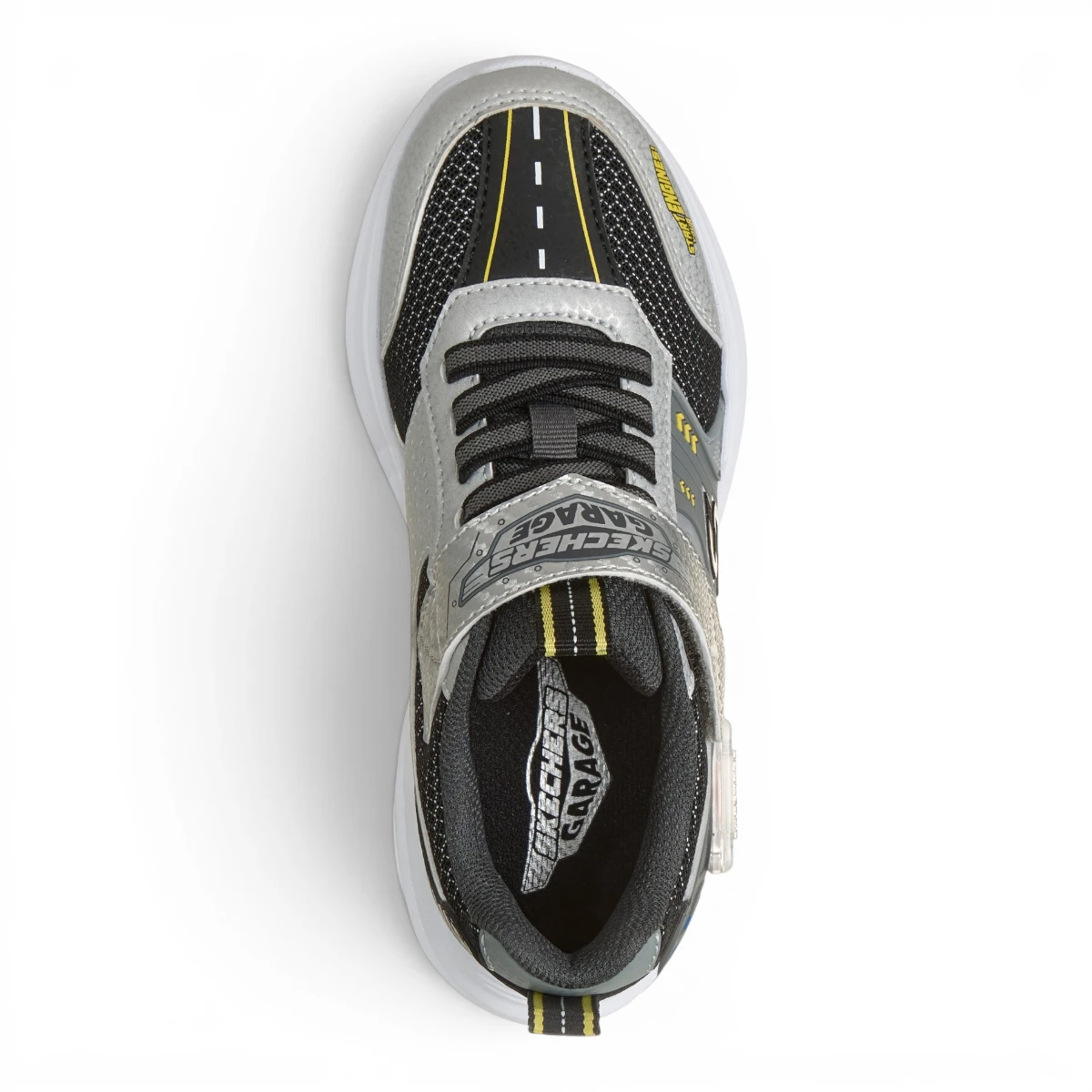 402150L-SLBK Garage srebrne dječje tenisice s motivom automobila – Skechers
