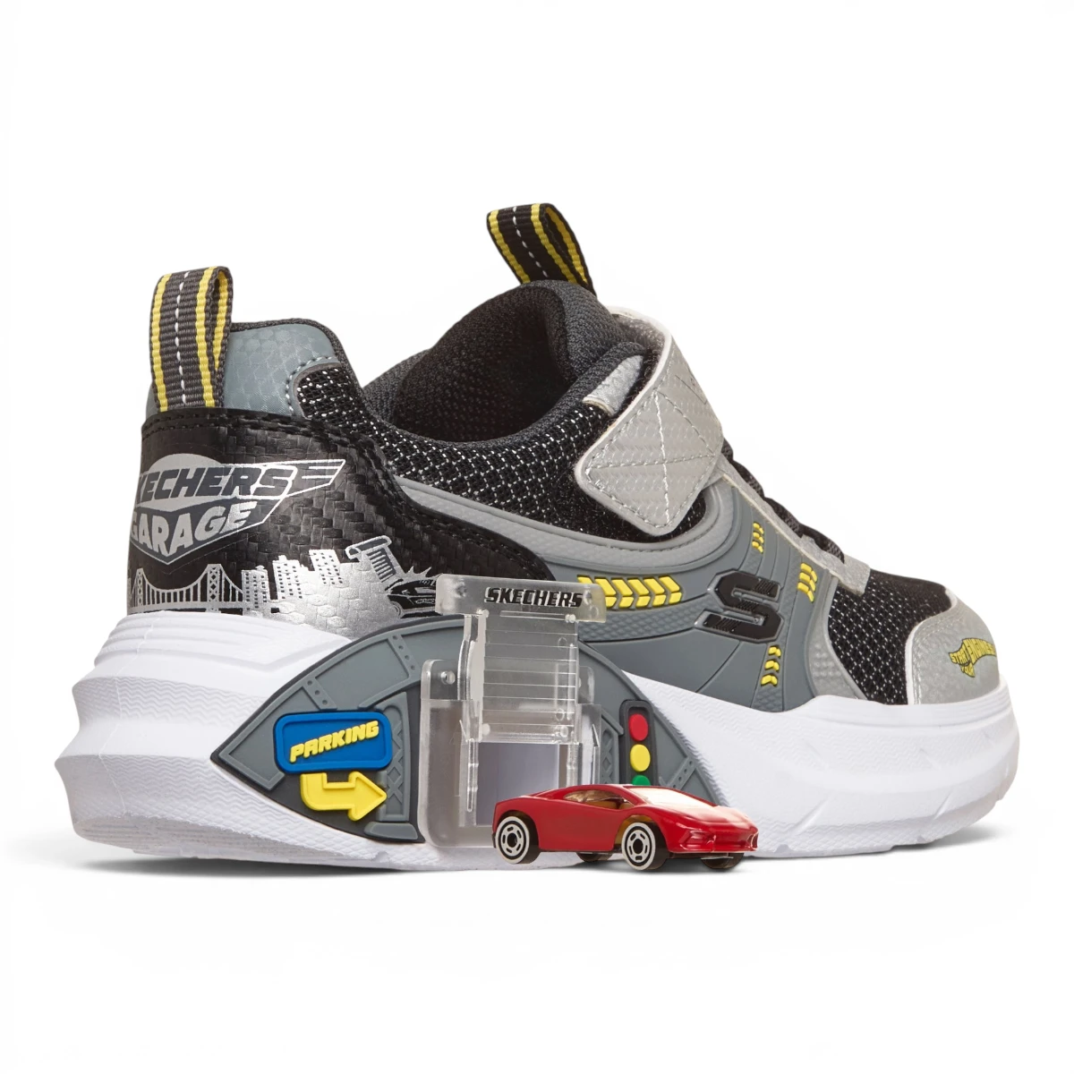 402150L-SLBK Garage srebrne dječje tenisice s motivom automobila – Skechers