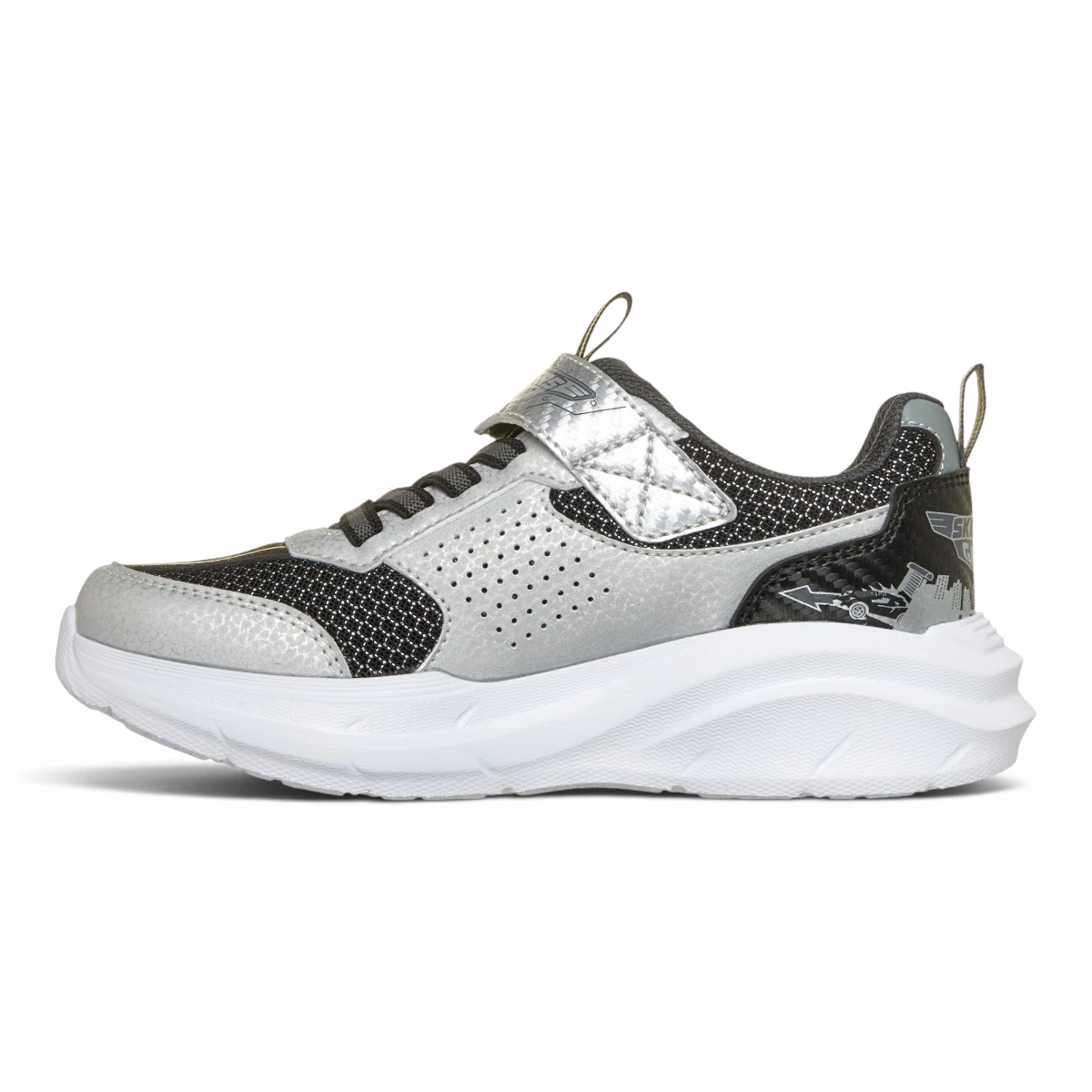 402150L-SLBK Garage srebrne dječje tenisice s motivom automobila – Skechers