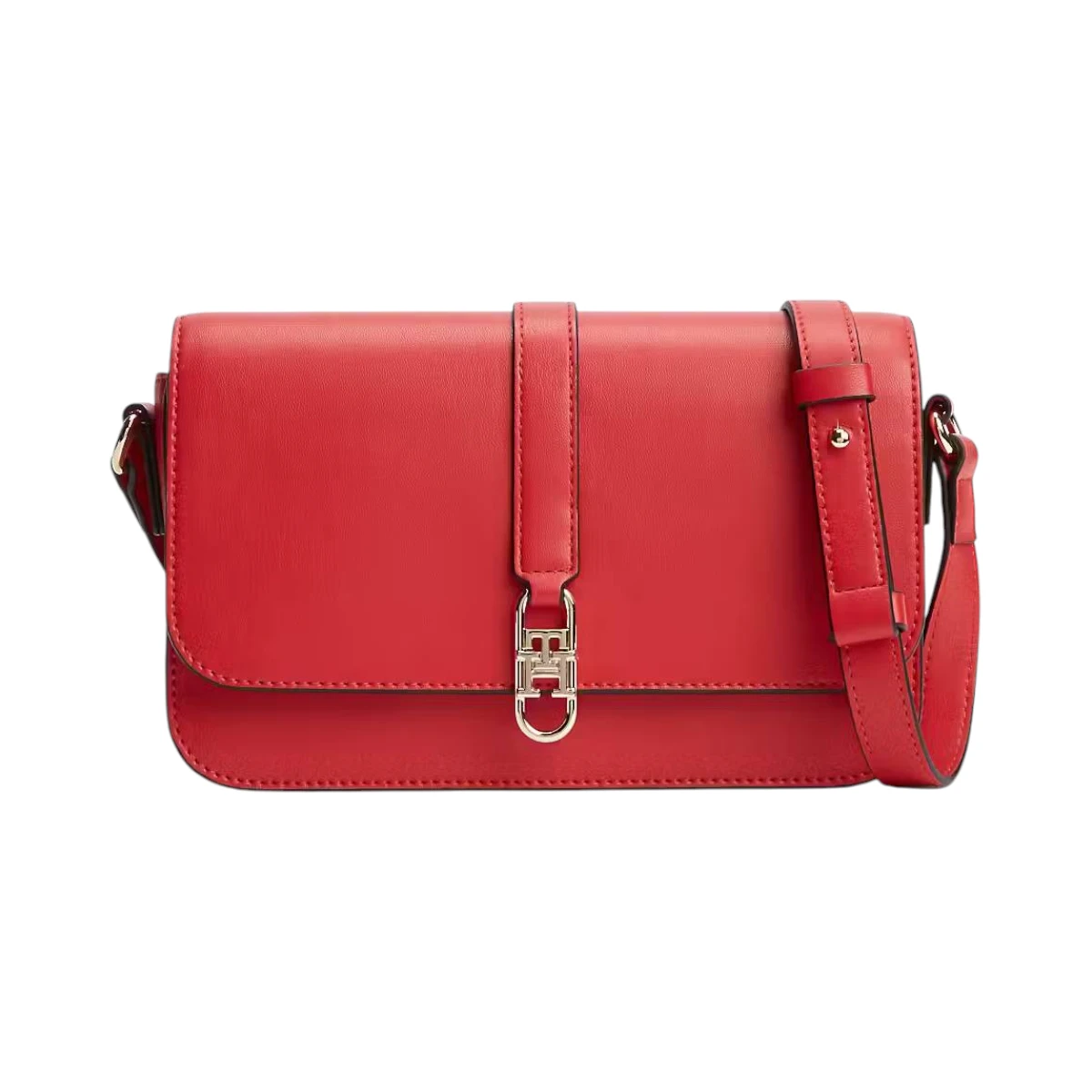 AW0AW17723-XLG-001 TOMMY HILFIGER TH LIBRE FLAP CROSSOVER ZENSKA TORBICA CRVENA PRIMARY RED S PREKLOPOM PREKO RAMENA GOLD LOGO