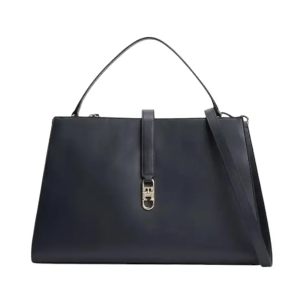 AW0AW17724-DW6 TOMMY HILFIGER TH LIBRE MED SATCHEL ZENSKA TORBA TAMNOPLAVA SPACE BLUE STRUKTURIRANA KRATKE RUCKE REMEN GOLD LOGO