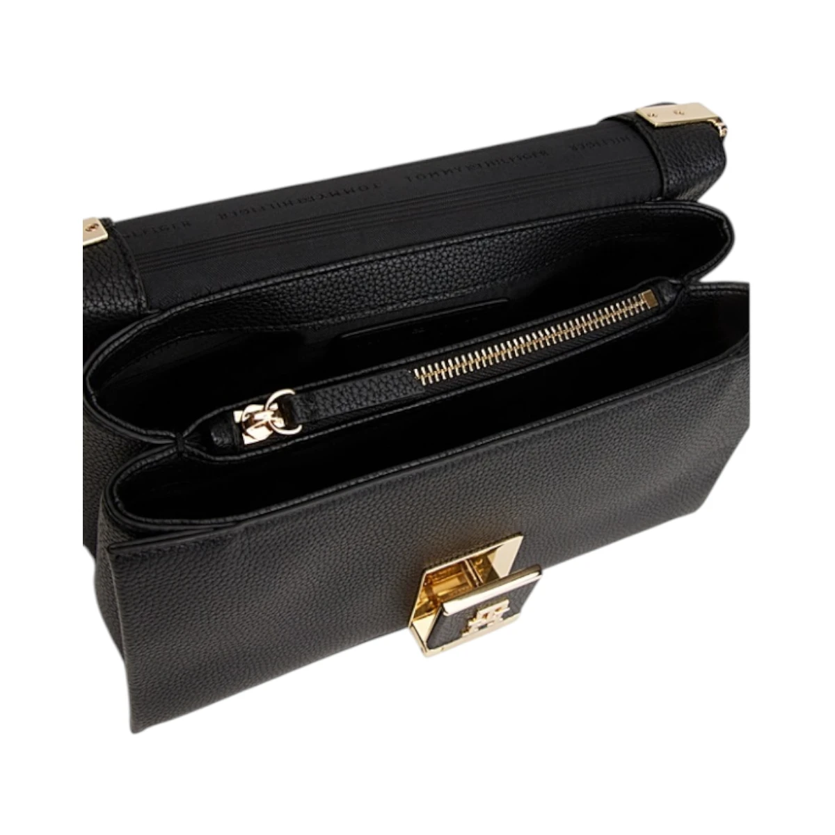 AW0AW17726-BDS TOMMY HILFIGER TH HER MED CROSSOVER ZENSKA TORBICA CRNA SREDNJA PREKO RAMENA GOLD LOGO
