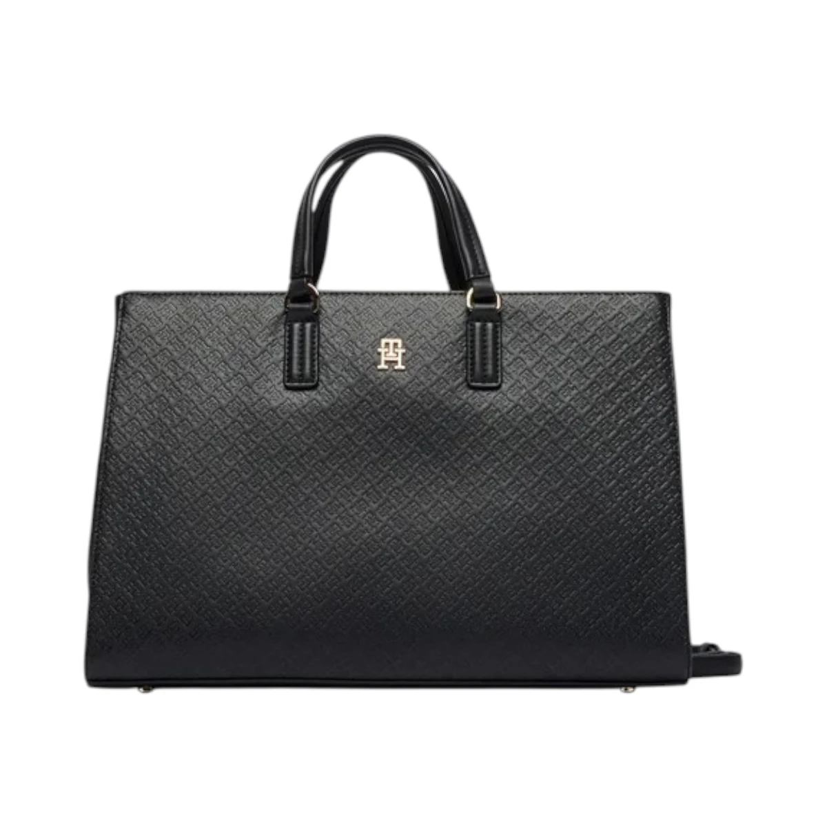AW0AW18418-BDS TOMMY HILFIGER DAILY SATCHEL MONO ZENSKA TORBA CRNA UTISNUTI MONOGRAMI STRUKTURIRANA RUCE REMEN GOLD LOGO