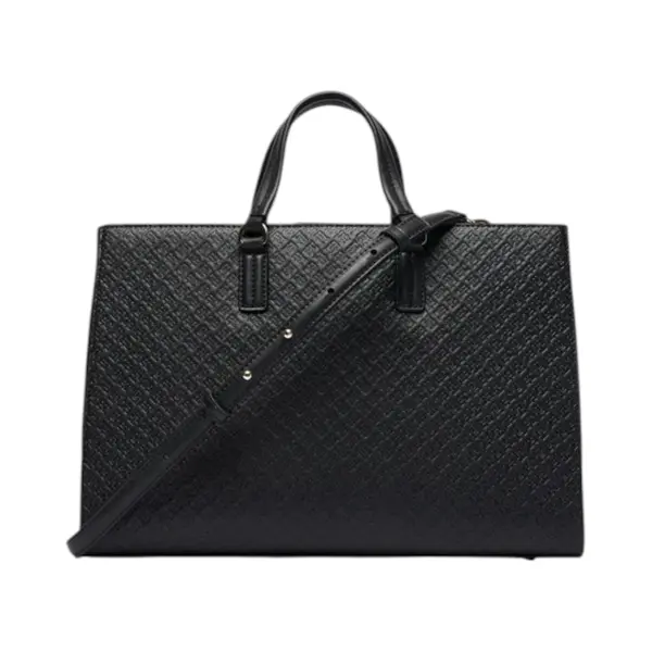 AW0AW18418-BDS TOMMY HILFIGER DAILY SATCHEL MONO ZENSKA TORBA CRNA UTISNUTI MONOGRAMI STRUKTURIRANA RUCE REMEN GOLD LOGO