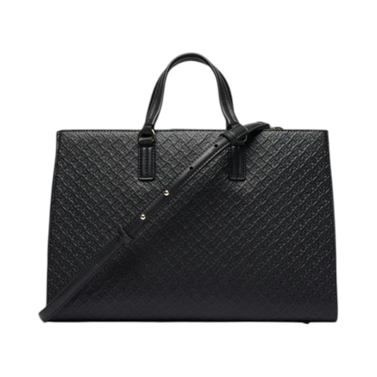 AW0AW18418-BDS TOMMY HILFIGER DAILY SATCHEL MONO ZENSKA TORBA CRNA UTISNUTI MONOGRAMI STRUKTURIRANA RUCE REMEN GOLD LOGO
