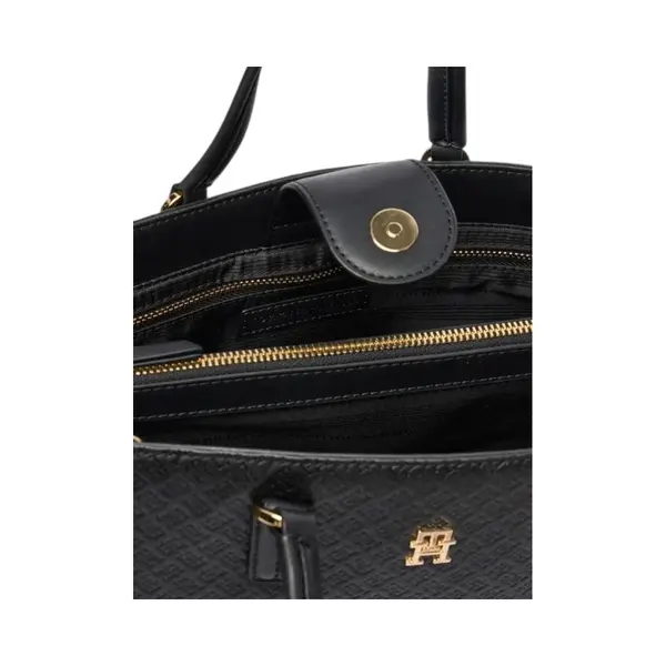 AW0AW18418-BDS TOMMY HILFIGER DAILY SATCHEL MONO ZENSKA TORBA CRNA UTISNUTI MONOGRAMI STRUKTURIRANA RUCE REMEN GOLD LOGO