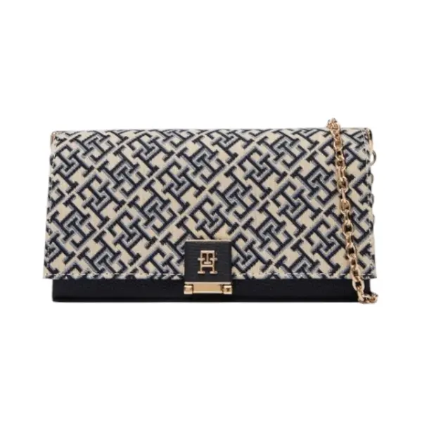 AW0AW18637-0GY TOMMY HILFIGER HER CHAIN CROSS JACQU ZENSKA TORBICA PLAVI MONOGRAM BLUE MONO ZAKARD ZLATNI LANAC TH LOGO