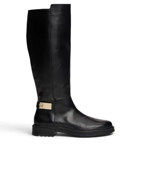 Tommy Hilfiger Ženske Kožne Visoke Čizme TH Logo Leather Long Boot Black